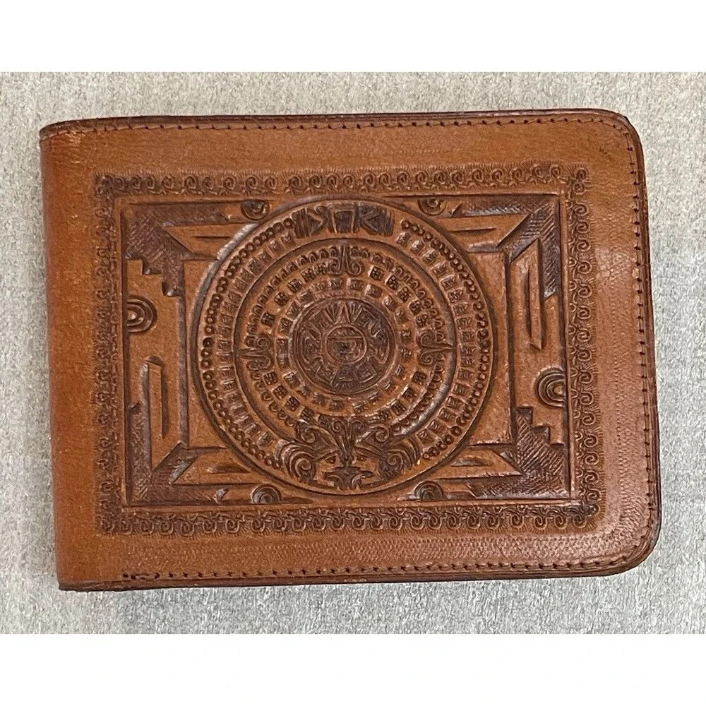 VTG Handcrafted Mexican Tooled Leather Bifold Wallet Aztec Calendar Sun ID Slot